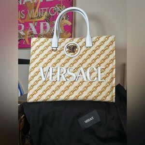 Authentic Versace White & Gold Chain-Pattern Logo Canvas Tote